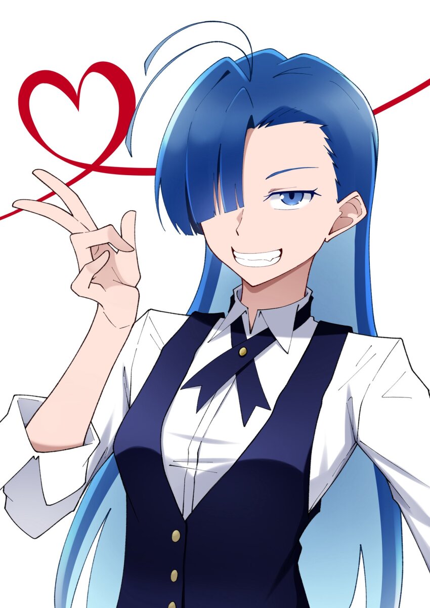 1girl ado_(utaite) ahoge blue_eyes blue_hair clenched_teeth collared_shirt commentary dress_shirt fang hair_over_one_eye hand_up heart highres merry_(ado) nori_(norinori_yrl) open_mouth readymade_(ado) shirt simple_background solo teeth upper_body w white_background white_shirt
