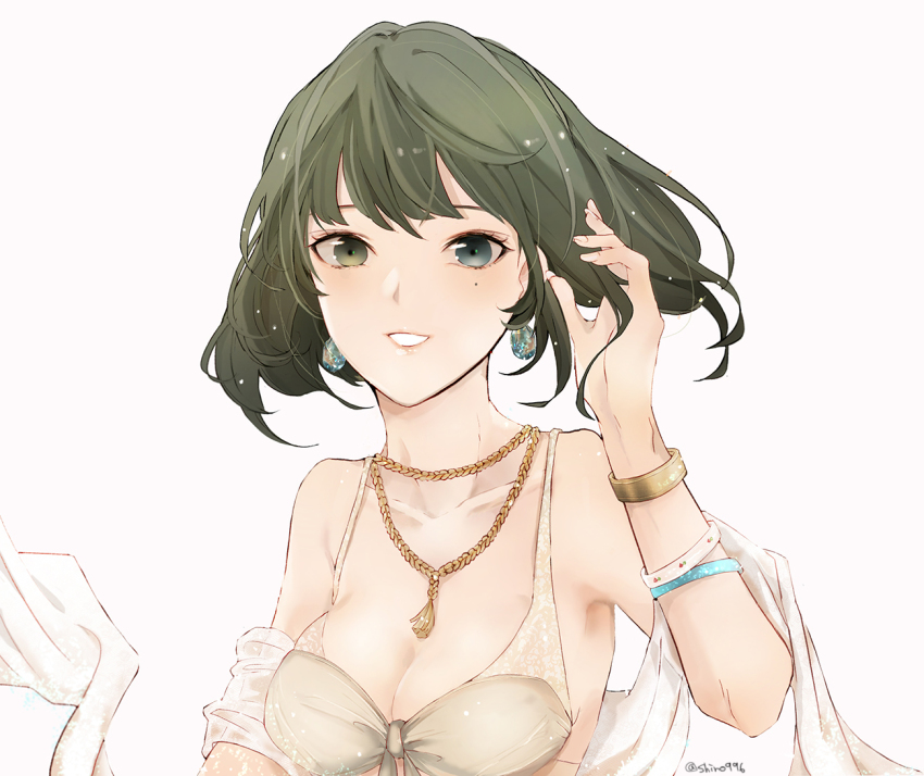 1girl bad_id bad_pixiv_id bare_shoulders blue_eyes breasts cleavage collarbone commentary_request earrings female_focus gold green_eyes green_hair grin hand_in_own_hair heterochromia idolmaster idolmaster_cinderella_girls jewelry looking_at_viewer medium_breasts mole mole_under_eye necklace off_shoulder shino_(mufn5785) short_hair simple_background smile solo takagaki_kaede teeth