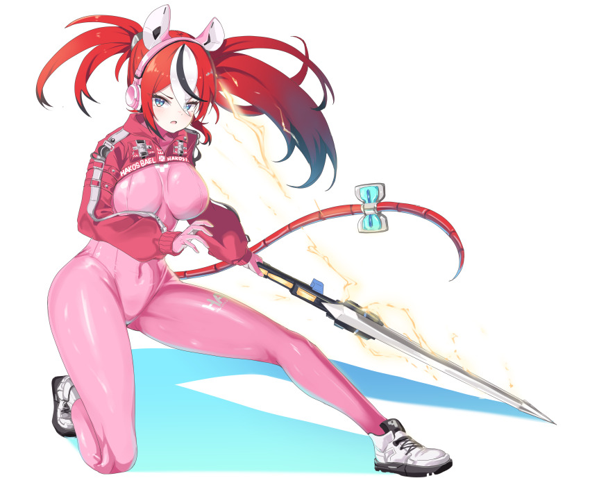 1girl absurdres alice_(nikke) black_hair blue_eyes bodysuit breasts cafelittle commentary_request cosplay covered_navel crossover goddess_of_victory:_nikke hakos_baelz highres hololive hololive_english large_breasts multicolored_hair pink_bodysuit red_hair solo stellar_blade twintails virtual_youtuber white_hair