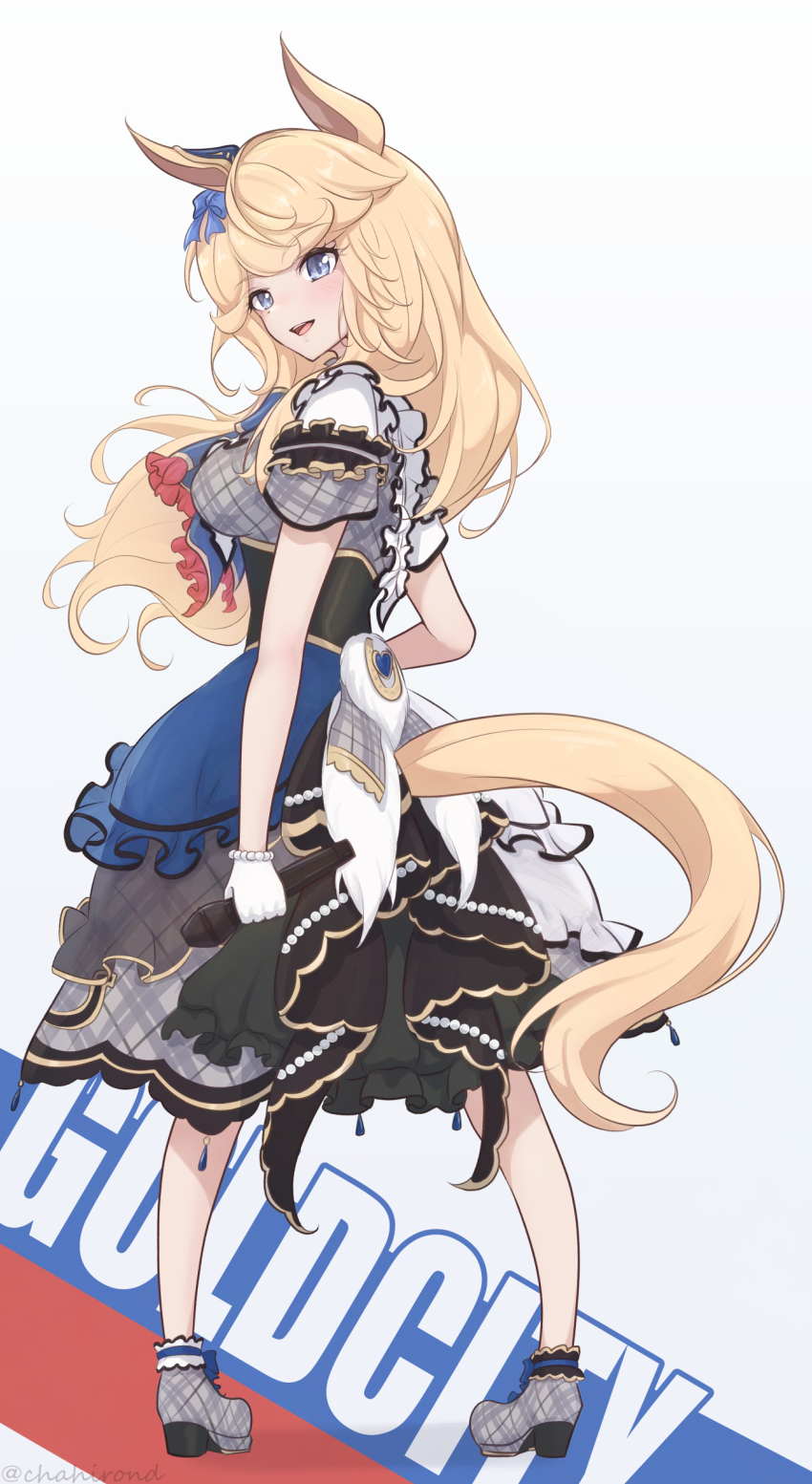 1girl absurdres animal_ears blonde_hair blue_bow blue_eyes bow chahiro character_name clothing_cutout ear_bow from_behind gloves gold_city_(umamusume) grey_jacket grey_shoes grey_skirt highres holding holding_microphone horse_ears horse_girl horse_tail jacket long_hair looking_at_viewer microphone official_alternate_costume plaid_clothes plaid_footwear plaid_jacket plaid_skirt shoes skirt smile solo tail tail_through_clothes trailblazer_bash!_(umamusume) twitter_username umamusume white_gloves