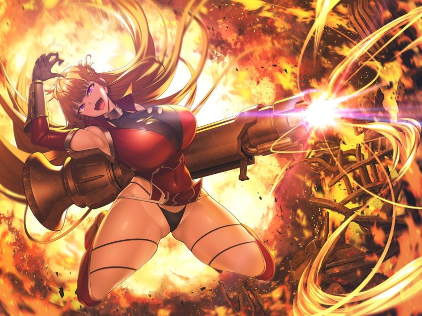 1girl ass bazooka boots breasts cigarette clothes_lift curvy dress explosion female_focus floating_hair full_body highleg highleg_panties huge_breasts kamimura_maika lilith-soft long_hair looking_at_viewer panties pelvic_curtain pelvic_curtain_lift purple_eyes red_dress revealing_clothes sian skindentation smile string_panties taimanin_(series) taimanin_asagi taimanin_rpgx thick_thighs thighs thong underwear very_long_hair weapon wide_hips