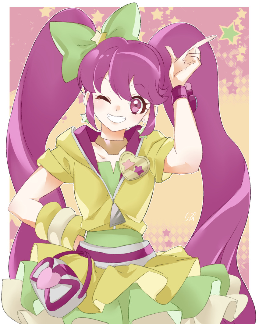 1girl absurdres aino_megumi border bow collarbone cure_lovely cure_lovely_(lollipop_hip_hop) green_bow green_skirt grin hair_bow hair_ornament hand_on_own_hip happinesscharge_precure! highres hood hood_down hooded_jacket jacket layered_skirt long_hair looking_at_viewer miniskirt one_eye_closed partially_unzipped pleated_skirt precure red_eyes red_hair shipu_(gassyumaron) short_sleeves skirt smile solo standing star_(symbol) star_hair_ornament twintails very_long_hair white_border yellow_jacket yellow_skirt