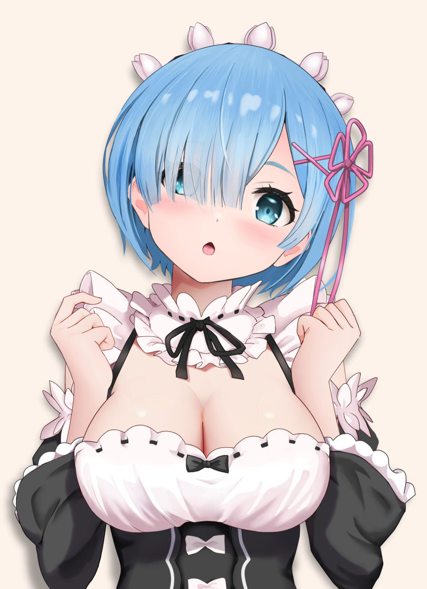 1girl :o absurdres blue_eyes blue_hair breasts cleavage gibun_(sozoshu) hair_over_one_eye head_tilt highres large_breasts looking_at_viewer maid open_mouth pink_background re:zero_kara_hajimeru_isekai_seikatsu rem_(re:zero) revision roswaal_mansion_maid_uniform short_hair simple_background solo upper_body