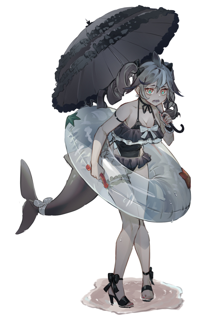 1girl aqua_eyes arm_at_side bare_legs black_one-piece_swimsuit black_shoes black_tail breasts cleavage drill_hair fins fish_tail full_body furrowed_brow grey_tail grey_tongue halterneck hand_up high_heels highres holding holding_swim_ring holding_umbrella innertube knees_together_feet_apart large_breasts leaning_forward long_hair multicolored_eyes muted_color nail_polish one-piece_swimsuit open-toe_shoes open_mouth original parasol puddle red_eyes shark_girl shark_tail sharp_teeth shoes simple_background swim_ring swimsuit tachi-e tail teeth toenail_polish toenails toga_(toganawa) twin_drills two-tone_eyes umbrella white_background