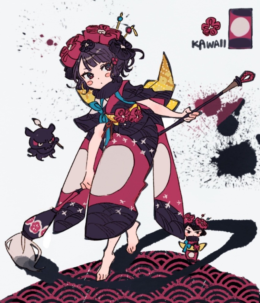 1girl barefoot black_hair blush_stickers calligraphy_brush character_doll doll fate/grand_order fate_(series) full_body giant_brush highres holding holding_paintbrush ink japanese_clothes katsushika_hokusai_(fate) kimono octopus oimo_(14sainobba) paintbrush short_hair solo tokitarou_(fate)