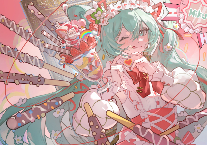 1girl four-finger_heart_hands ;q absurdres aqua_eyes aqua_hair bow bowtie character_name commentary cup flower flve food frilled_hairband frills fruit hair_between_eyes hair_flower hair_ornament hair_ribbon hairband hatsune_miku heart heart_hands highres ice_cream long_hair long_sleeves looking_at_viewer maid maid_headdress miku_day one_eye_closed puffy_long_sleeves puffy_sleeves red_bow red_bowtie red_ribbon ribbon solo sprinkles strawberry strawberry_miku_(morikura) string string_of_fate sundae tongue tongue_out twintails upper_body very_long_hair vocaloid white_flower white_headdress