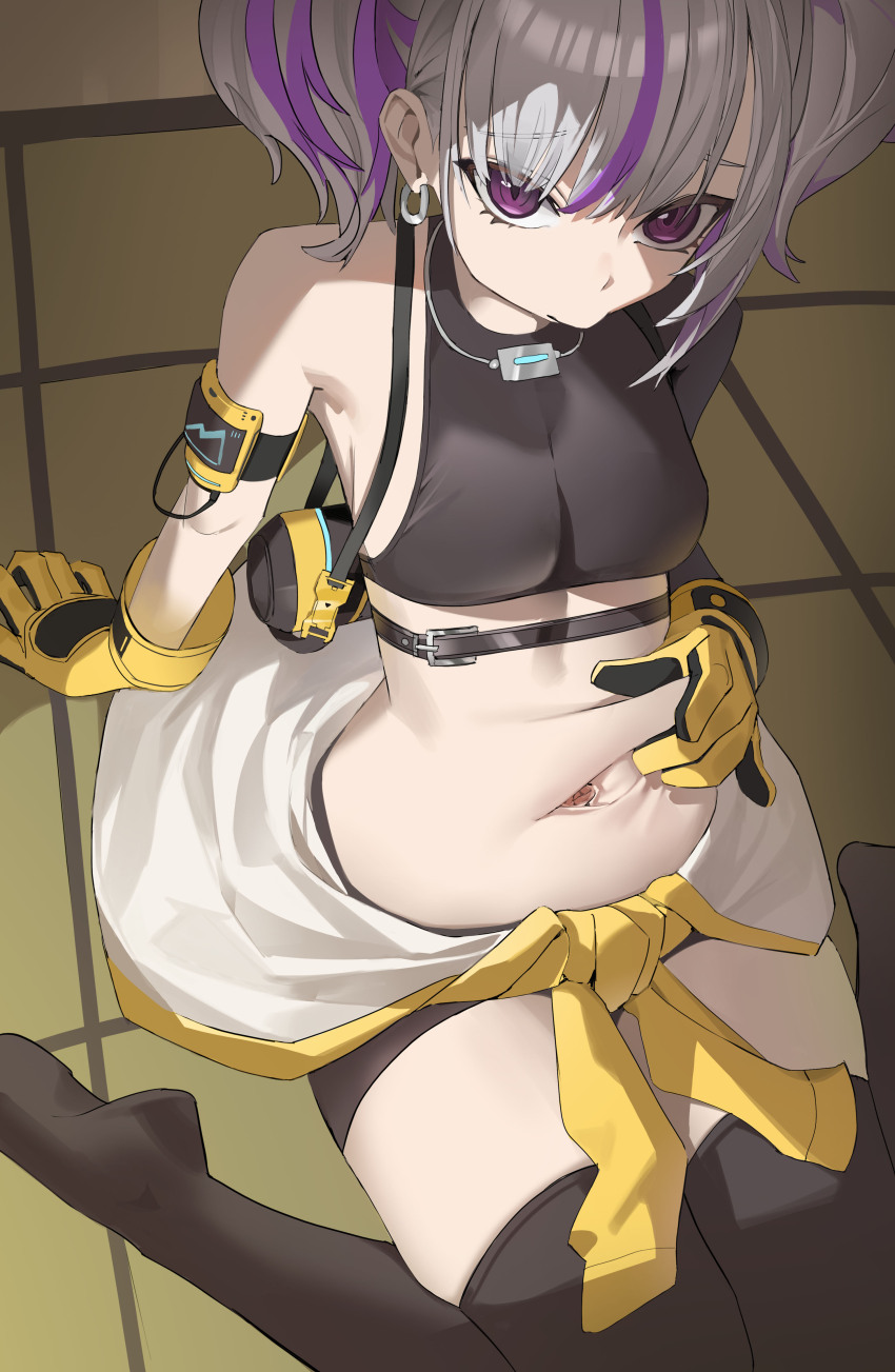 1girl absurdres arm_support armpits bag belly_grab bike_shorts black_shirt black_thighhighs breasts closed_mouth clothes_around_waist commentary commission crop_top drilley_(nikke) earrings gloves goddess_of_victory:_nikke grey_hair hair_between_eyes highres indoors jacket jacket_around_waist jewelry looking_at_viewer medium_breasts midriff multicolored_hair navel pixiv_commission pugom_(koi_wanko) purple_eyes purple_hair shadow shirt short_twintails sidelocks single_bare_shoulder single_sleeve sitting skin_tight solo spread_navel streaked_hair thighhighs twintails two-tone_hair wariza white_jacket yellow_gloves yurie_mouth