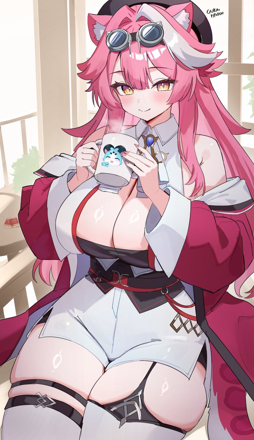1girl absurdres animal_ears armpit_crease artist_name ascot bare_shoulders beret black_hat blush breasts chattino_(raora_panthera) cleavage clip_studio_paint_(medium) closed_mouth coat collared_shirt commentary cup english_commentary fingernails garter_straps goggles goggles_on_head hair_intakes hat highres holding holding_cup hololive hololive_english huge_breasts indoors jewelry long_hair long_sleeves looking_at_viewer mug multicolored_hair nail_polish o-rindou5100 panther_ears panther_girl panther_tail pink_coat pink_hair pink_nails pink_tail raora_panthera raora_panthera_(1st_costume) shirt shorts side_slit side_slit_shorts single_garter_strap smile solo streaked_hair tail thighhighs thighs two-tone_hair virtual_youtuber white_ascot white_shirt white_shorts white_thighhighs yellow_eyes