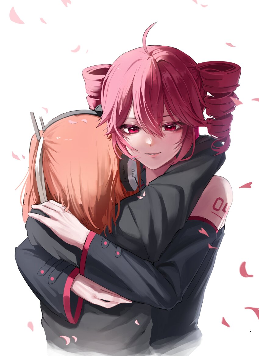 2girls a.i._voice absurdres adachi_rei ahoge bare_shoulders black_shirt detached_sleeves drill_hair facing_away hair_between_eyes hair_ribbon highres hu2924 hug kasane_teto kasane_teto_(utau) light_smile long_sleeves looking_at_viewer medium_hair multiple_girls one_side_up orange_hair parted_lips petals radio_antenna red_eyes red_hair ribbon shirt twin_drills upper_body utau white_background white_ribbon