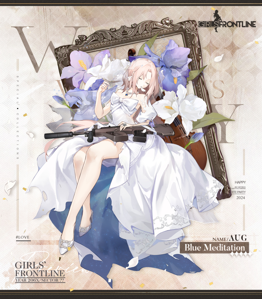 1girl 2024 assault_rifle aug_(blue_meditation)_(girls&#039;_frontline) aug_(girls&#039;_frontline) bare_legs blue_gemstone breasts bridal_veil bullpup cello character_name closed_eyes commentary copyright_name dress english_commentary english_text flower flower_request full_body gem girls&#039;_frontline gun high_heels highres instrument jewelry long_hair medium_breasts mole mole_under_eye necklace no_socks official_alternate_costume official_art parted_bangs pearl_necklace petal_in_mouth picture_frame puffy_short_sleeves puffy_sleeves rifle ring samail second-party_source shoes short_sleeves simple_background sitting solo steyr_aug suppressor torn_clothes torn_dress two-sided_dress two-sided_fabric veil very_long_hair weapon wedding_dress white_day white_dress white_flower white_hair white_shoes