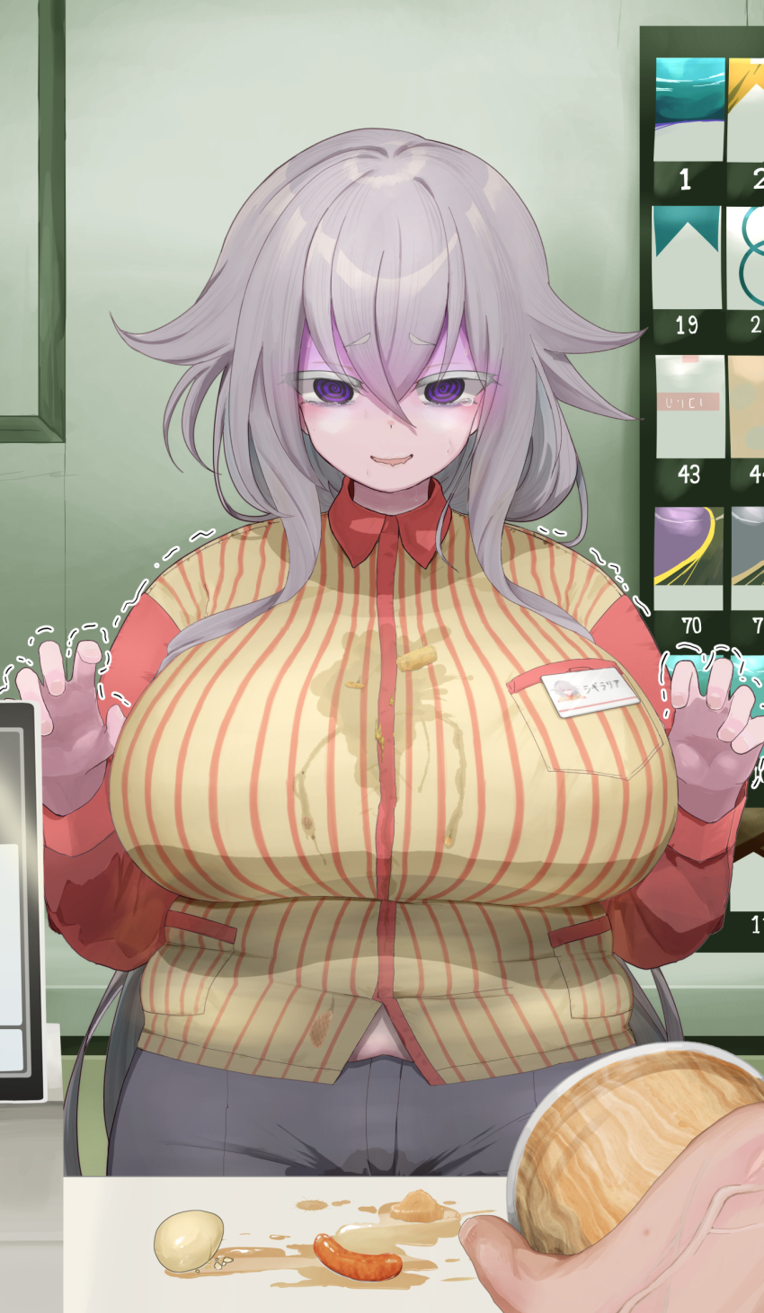 1girl absurdres amaairito breasts convenience_store egg fat fat_woman flower_knight_girl food grey_hair highres huge_breasts large_breasts long_hair plump purple_eyes sausage scared shop tears thighs throwing throwing_food trembling wet wet_clothes