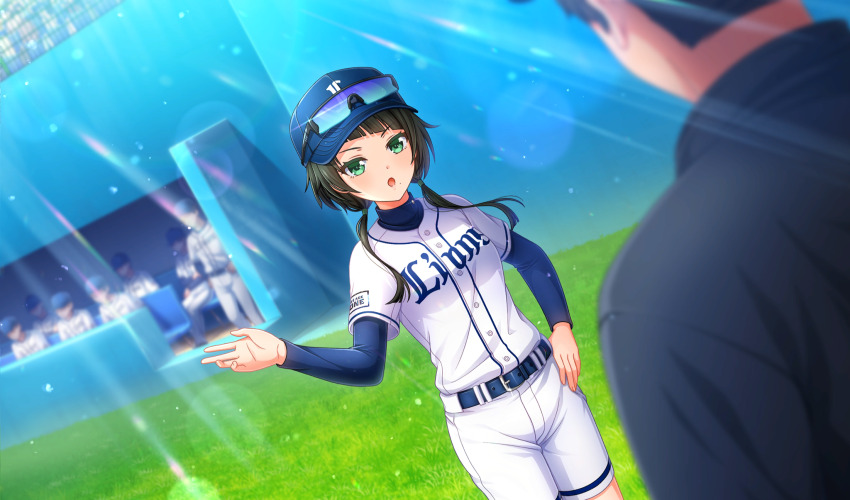 1girl baseball_cap baseball_stadium baseball_uniform belt belt_buckle black_hair black_jacket blue_belt blue_hat blue_undershirt buckle cinderella_series detached_sleeves diagonal_bangs dutch_angle eyewear_on_headwear film_grain game_cg glint green_eyes hachigatsu_no_cinderella_nine hand_on_own_hip hat highres jacket layered_sleeves lens_flare light_particles light_rays lihua_lin long_hair long_sleeves low_twintails mole mole_under_mouth multiple_boys nippon_professional_baseball non-web_source official_art on_grass open_mouth saitama_seibu_lions shirt shirt_under_shirt short_over_long_sleeves short_sleeves shorts solo_focus sportswear standing sunbeam sunlight twintails white_shirt white_shorts