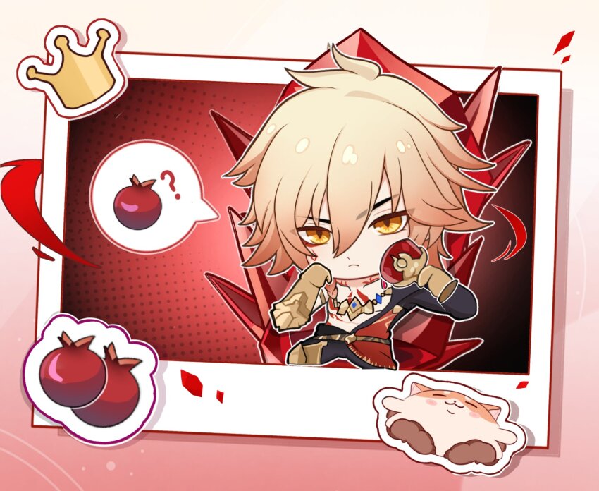 1boy black_coat black_pants blonde_hair braid chest_tattoo chibi clawed_gauntlets coat crystal cup eren_330520 facial_tattoo food fruit gold_necklace gradient_hair hair_between_eyes hashtag-only_commentary highres holding holding_cup honkai:_star_rail honkai_(series) jewelry male_focus medium_hair multicolored_hair mydei_(honkai:_star_rail) necklace open_clothes open_coat pants pomegranate red_hair red_tattoo side_braid sitting solo spoken_food tattoo yellow_eyes