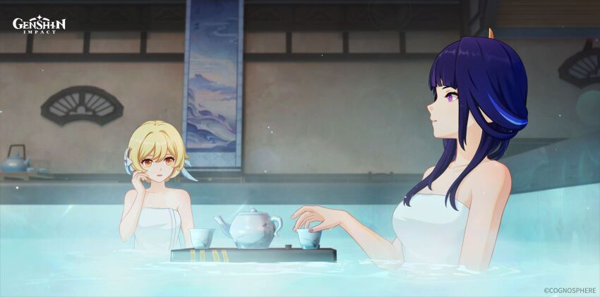 2girls bathing blonde_hair breasts genshin_impact hair_between_eyes hair_ornament highres long_hair lumine_(genshin_impact) multiple_girls naked_towel official_alternate_hairstyle official_art onsen open_mouth partially_submerged purple_eyes purple_hair raiden_shogun shared_bathing tea tea_set towel water yellow_eyes