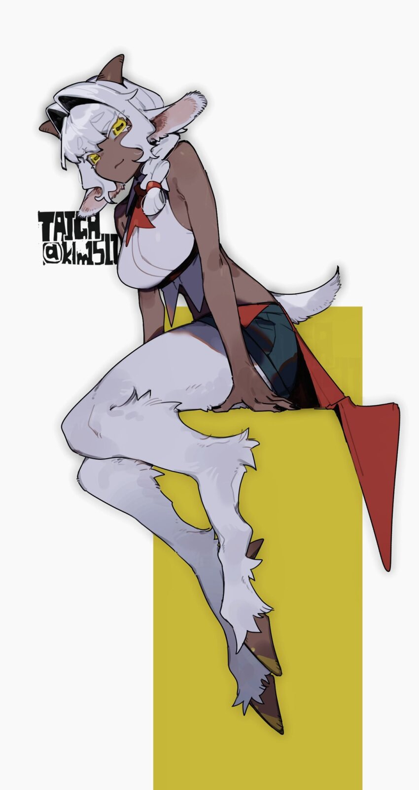 1girl animal_ears animal_legs artist_name bare_arms bare_shoulders black_nails body_fur colored_eyelashes digitigrade from_side full_body goat_ears goat_girl goat_horns goat_tail hair_intakes highres hooves horizontal_pupils horns looking_at_viewer medium_hair monster_girl neckerchief original red_neckerchief shirt simple_background sitting sleeveless sleeveless_shirt smile solo taiga_(klm1511) twitter_username two-tone_background white_fur white_hair white_shirt yellow_eyes