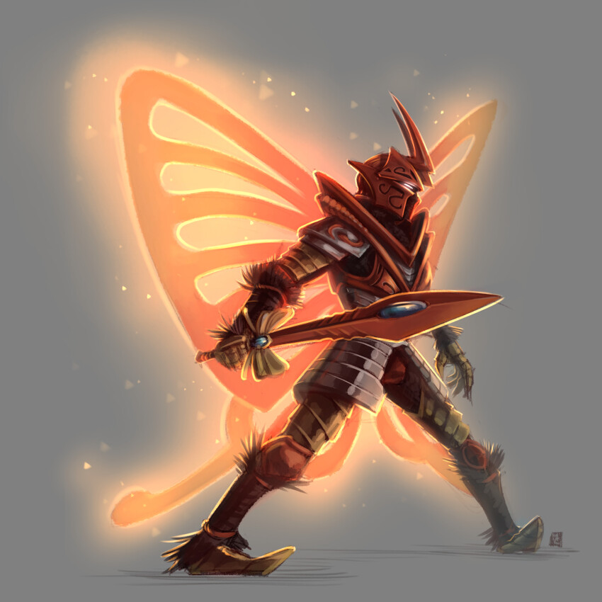 1boy armor butterfly_wings commentary dark_souls_(series) english_commentary full_armor full_body glowing glowing_wings grey_background helm helmet highres holding holding_sword holding_weapon humanization insect_wings kirby_(series) light_particles male_focus meta_caballero morpho_knight nintendo pointy_footwear red_helmet red_wings signature simple_background solo standing sword weapon wings