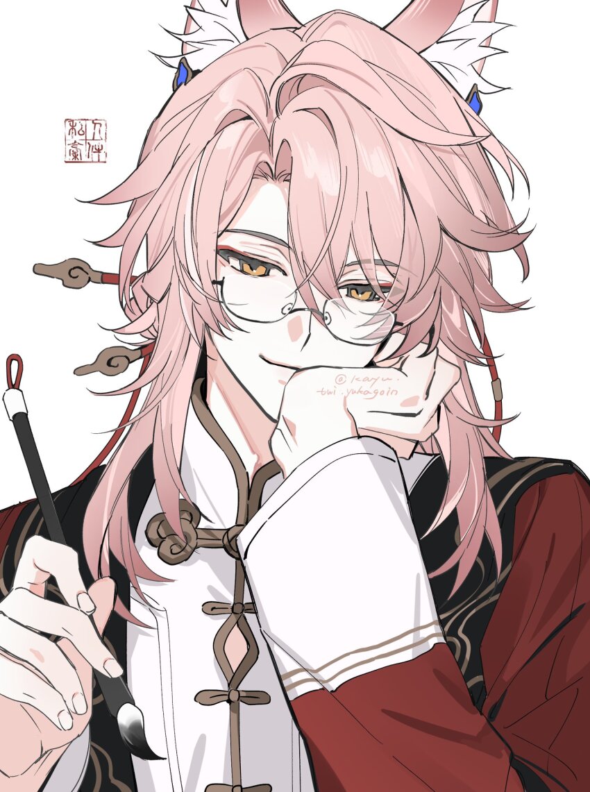 1boy animal_ears cape chinese_clothes fox_boy fox_ears glasses hair_between_eyes hair_ornament hair_over_shoulder hair_stick hand_on_own_cheek hand_on_own_face highres holding holding_pencil honkai:_star_rail honkai_(series) jiaoqiu_(honkai:_star_rail) kayu_(yukagoin) long_hair long_sleeves looking_at_viewer male_focus mandarin_collar parted_bangs pencil pink_hair red_cape sidelocks simple_background smile solo twitter_username upper_body white_background