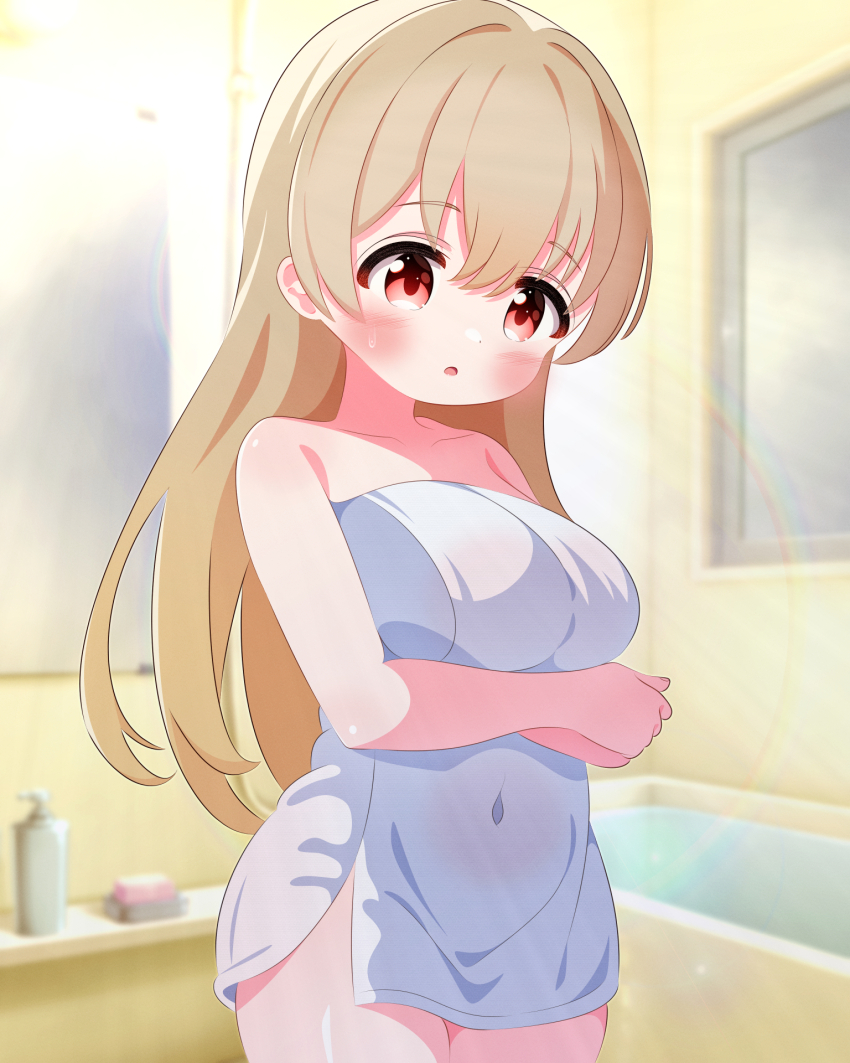 1girl bath bathtub blush breasts brown_hair collarbone crossed_arms highres long_hair looking_at_viewer medium_breasts minagi_koharu mirror naked_towel open_mouth r245 rainbow red_eyes shampoo_bottle slow_loop soap standing towel water wet