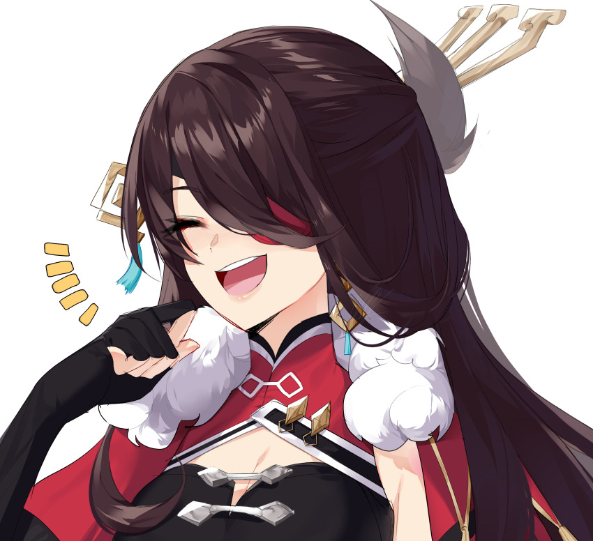 &gt;_&lt; 1girl :d absurdres beidou_(genshin_impact) black_gloves breasts brown_hair cleavage eyepatch fingerless_gloves fur_trim genshin_impact gloves hair_ornament hair_over_one_eye hair_stick highres laughing long_hair open_mouth raysricey simple_background smile solo white_background xd