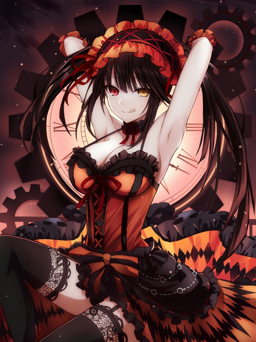 1girl :q armpits arms_up asymmetrical_hair black_hair black_thighhighs breasts cleavage clock date_a_live dress frills gears hairband heterochromia highres lolita_hairband looking_at_viewer medium_breasts night night_sky orange_dress red_eyes roman_numeral saint_laurent_paris sky solo strap_gap thighhighs tokisaki_kurumi tongue tongue_out twintails yellow_eyes zettai_ryouiki