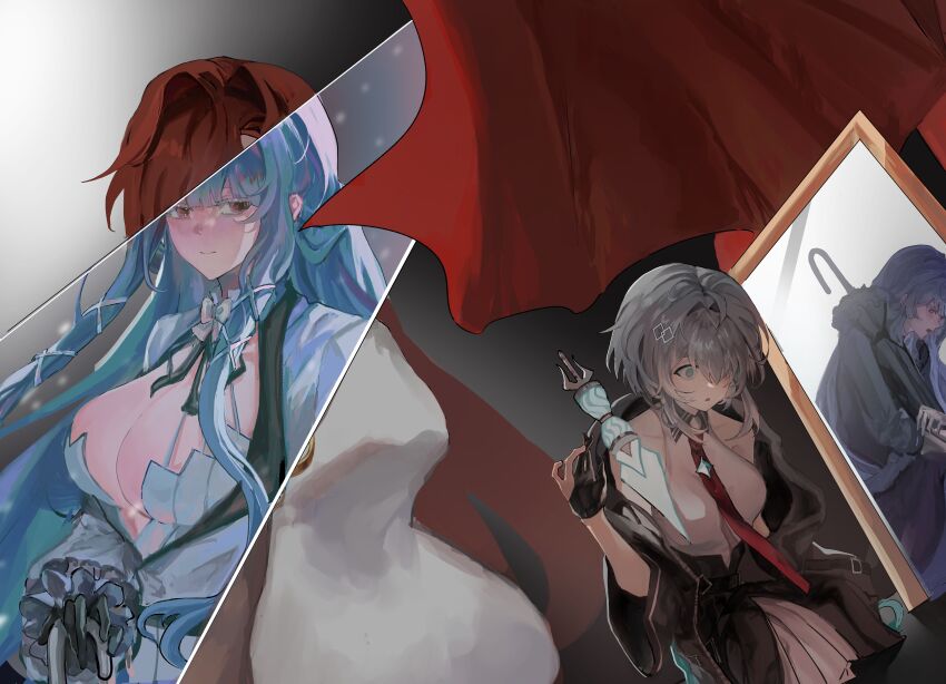 2girls absurdres black_gloves black_jacket black_ribbon breasts cleavage commentary counter:side dagger different_reflection dress empty_eyes floating floating_object floating_weapon folded_umbrella gloves gradient_background grey_background grey_hair hair_intakes halter_shirt halterneck highres jacket knife large_breasts light_smile looking_at_viewer mirror multiple_girls neck_ribbon necktie noelle_(counter:side) off_shoulder partially_fingerless_gloves red_hair red_necktie reflection ribbon shirt sid2033 sidelocks split_theme swan_claire weapon white_dress white_jacket white_shirt
