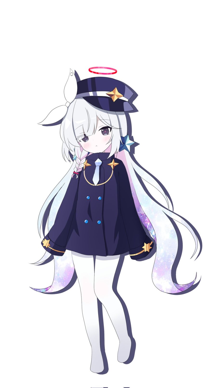 1girl :&lt; alternate_costume alternate_hairstyle black_eyes black_jacket blue_archive blue_necktie bow braid closed_mouth cookie_run cookie_run:_kingdom cosplay full_body hair_bow hair_ornament hair_over_one_eye halo hat highres iisa111111 jacket long_hair long_sleeves looking_at_viewer milky_way_cookie milky_way_cookie_(cosplay) mismatched_pupils multicolored_hair necktie no_shoes pantyhose peaked_cap pink_hair plana_(blue_archive) red_halo red_pupils simple_background single_braid sleeves_past_fingers sleeves_past_wrists solo star_(symbol) star_hair_ornament very_long_hair white_background white_bow white_hair white_pantyhose