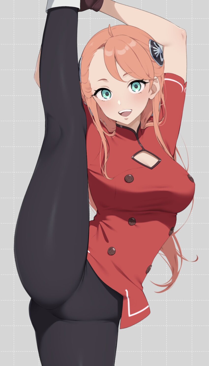 1girl aida_rayhunton aqua_eyes arms_up black_pants blush breasts buttons campbell_xx cleavage_cutout clothing_cutout commentary_request gluteal_fold gundam gundam_g_no_reconguista hairpods highres large_breasts long_hair looking_at_viewer open_mouth pants patterned_background pink_hair red_shirt shirt short_sleeves simple_background smile solo split standing standing_on_one_leg standing_split teeth tight_clothes tight_pants upper_teeth_only
