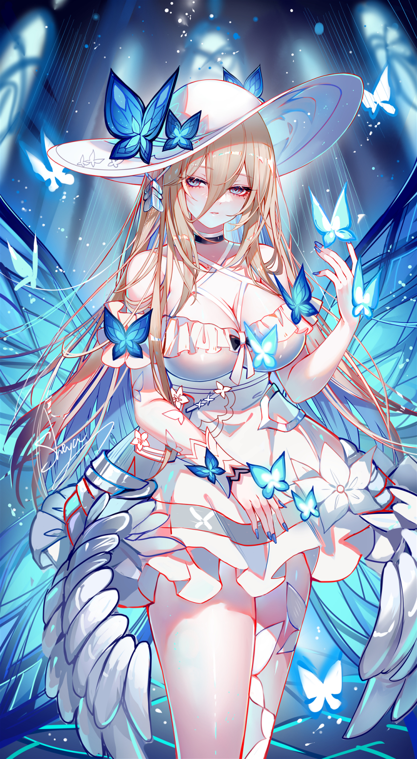 1girl aponia_(honkai_impact) aponia_(mesmerizing_blue) aponia_(mesmerizing_blue)_(honkai_impact) bare_shoulders blue_butterfly blue_eyes blue_nails breasts brown_hair bug butterfly cleavage commentary_request cowboy_shot dress hair_between_eyes half-closed_eyes hat highres honkai_(series) honkai_impact_3rd insect large_breasts long_hair looking_at_viewer nail_(hardware) sheya short_sleeves solo sun_hat sundress white_dress white_hat