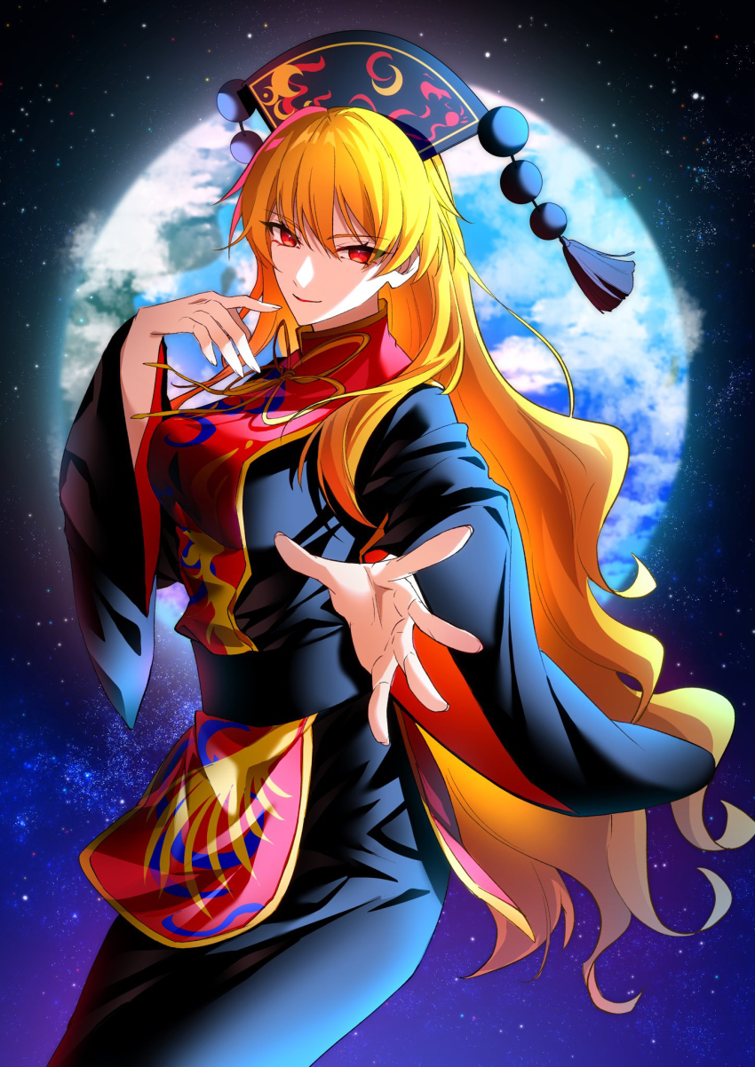 1girl belt black_belt black_dress black_hat black_sky blue_sky breasts chinese_clothes closed_mouth commentary_request cowboy_shot crescent crescent_print dalachi_(headdress) dress earth_(planet) fingernails gradient_sky hair_between_eyes hands_up hat highres junko_(touhou) junko_day large_breasts long_hair long_sleeves looking_at_viewer mandarin_collar neck_ribbon orange_hair outdoors phoenix_print planet pom_pom_(clothes) purple_sky red_eyes red_tabard ribbon sidelocks sky smile solo space standing star_(sky) starry_sky tabard tassel touhou user_jnfa7825 wavy_hair wide_sleeves yellow_ribbon