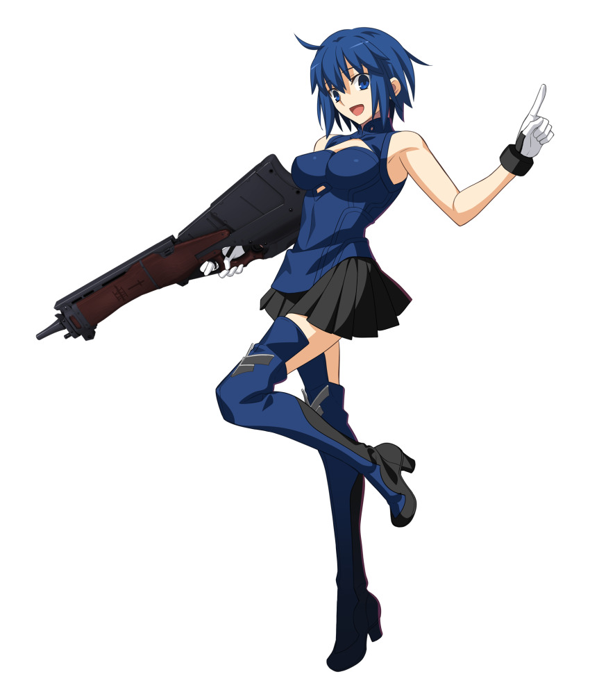 1girl 3d anime_coloring bare_arms bare_shoulders black_skirt blue_boots blue_collar blue_dress blue_eyes blue_hair blue_pupils boots breasts ciel_(tsukihime) cleavage_cutout clothing_cutout collar collared_dress dress full_body game_cg glove_cuffs gloves gun hair_between_eyes happy high_heel_boots high_heels highres holding holding_gun holding_weapon huge_weapon index_finger_raised large_breasts looking_at_viewer melty_blood melty_blood:_type_lumina miniskirt multicolored_boots non-web_source official_art open_mouth pleated_skirt powered_ciel seventh_holy_scripture short_hair sidelighting simple_background skirt sleeveless sleeveless_dress solo tachi-e takeuchi_takashi thigh_boots transparent_background tsukihime tsukihime_(remake) two-tone_boots two-tone_gloves type-moon weapon white_gloves