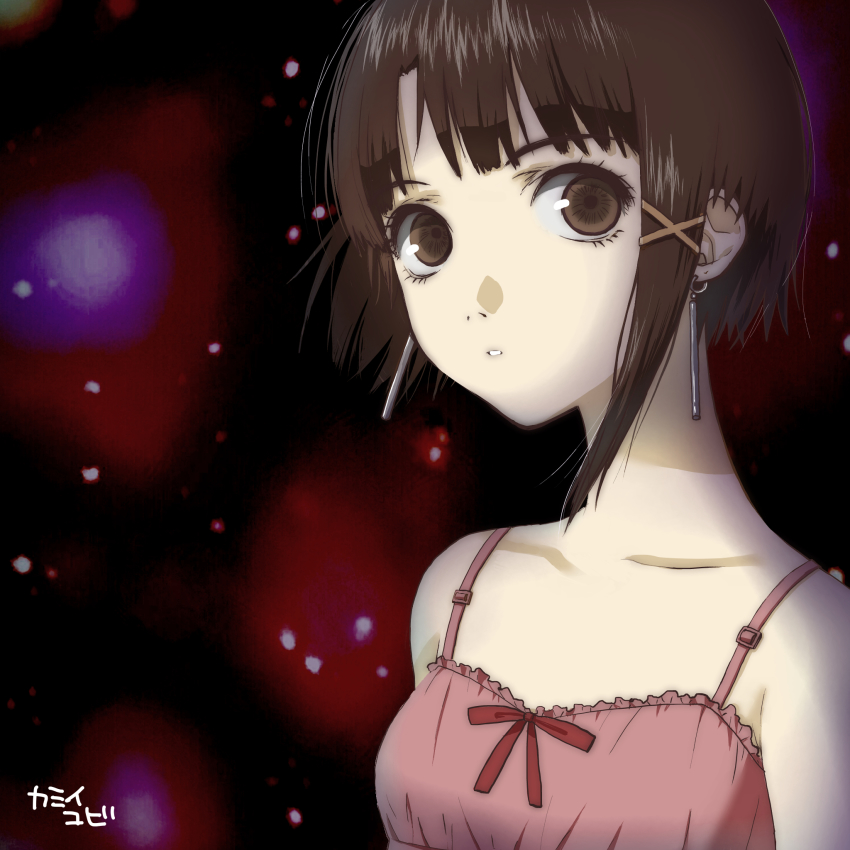 1girl asymmetrical_hair brown_eyes brown_hair dress earrings hair_ornament hairclip highres iwakura_lain jewelry looking_at_viewer medium_hair serial_experiments_lain solo x_hair_ornament yubi_kamii