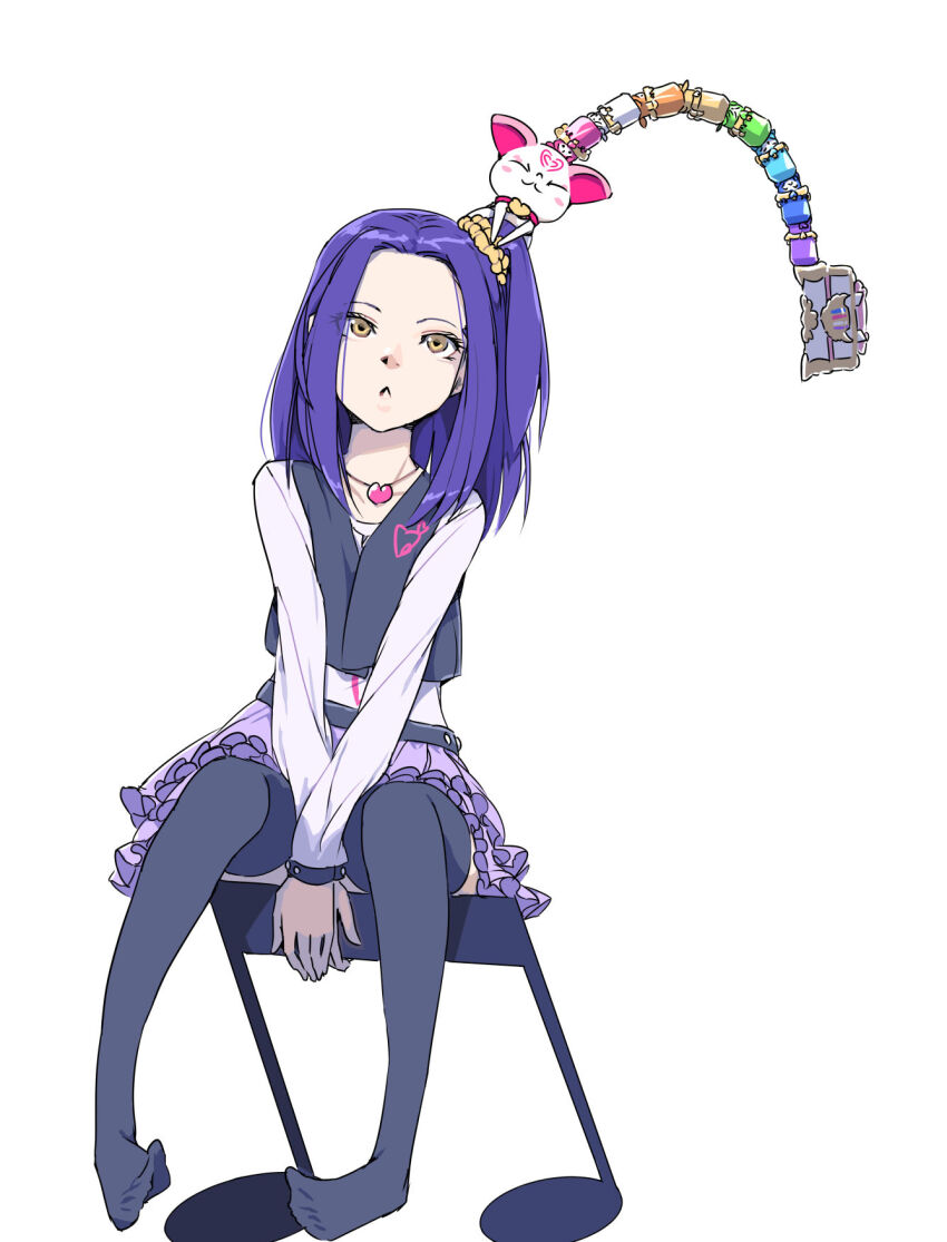 1girl akinbo_(hyouka_fuyou) between_legs black_thighhighs black_vest dodory dory fary hair_ornament hair_scrunchie hand_between_legs heart_pendant highres hummy_(suite_precure) kurokawa_eren lary layered_skirt long_hair long_sleeves miniskirt miry precure purple_hair purple_skirt rery scrunchie shirt side_ponytail simple_background sitting skirt solo sory suite_precure thighhighs tiry triangle_mouth vest white_background white_shirt yellow_eyes yellow_scrunchie zettai_ryouiki