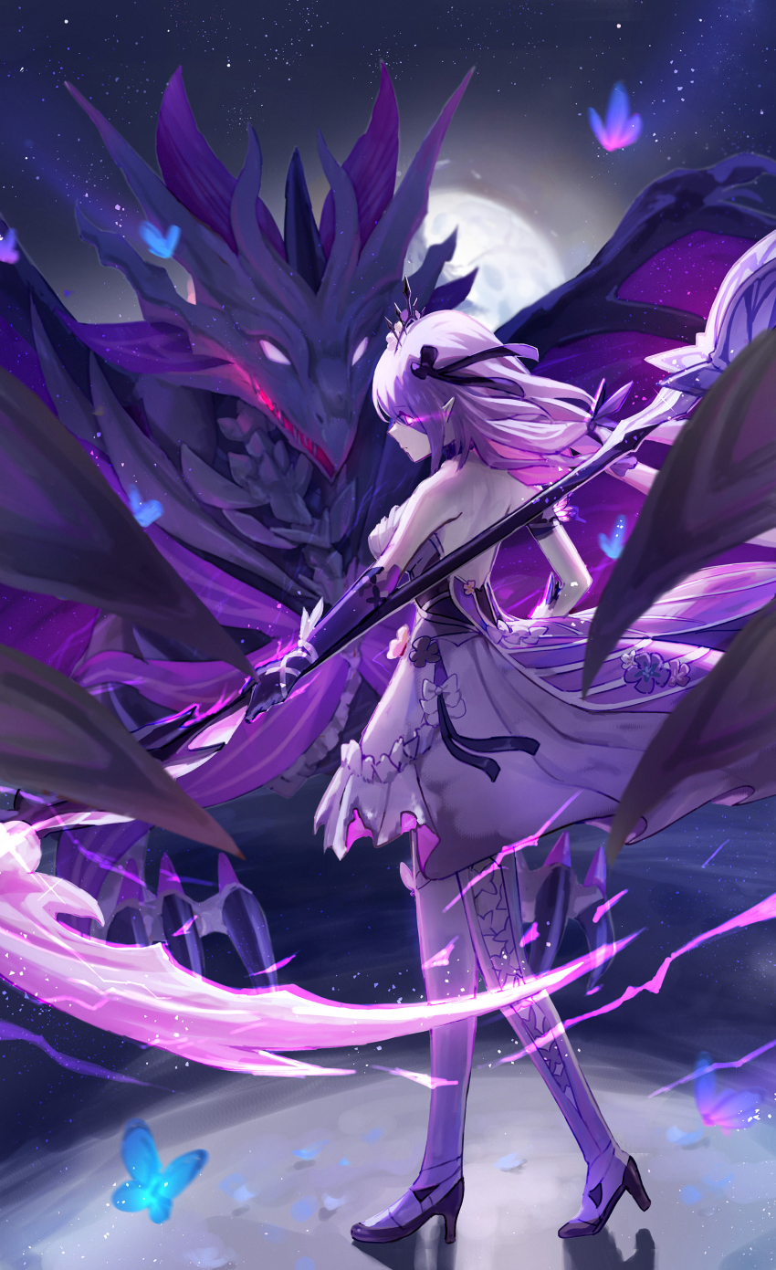 1girl absurdres back bare_shoulders blue_butterfly bow breasts bug butterfly castorice_(honkai:_star_rail) closed_mouth commentary_request dragon dress elbow_gloves gloves hair_bow high_heels highres holding holding_scythe holding_weapon honkai:_star_rail honkai_(series) insect isome large_breasts leggings long_hair pointy_ears profile purple_bow purple_butterfly purple_eyes purple_gloves purple_hair purple_theme scythe shoes sidelocks single_elbow_glove solo weapon white_dress white_leggings white_shoes