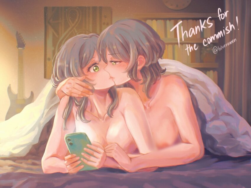 2girls aftersex aqua_hair bang_dream! breasts censored commission english_text green_eyes guitar hikawa_hina hikawa_sayo holding holding_phone incest instrument kiss looking_at_another medium_breasts mosaic_censoring multiple_girls nude phone siblings sisters twincest twins under_covers xin_(blueramen) yuri