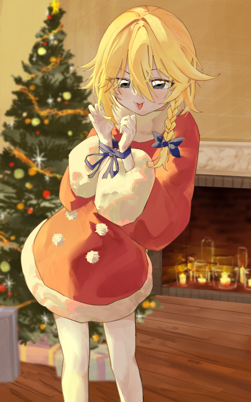 1girl :3 alternate_costume black_eyes blonde_hair blue_bow blurry blurry_background blush bound bound_wrists bow braid christmas christmas_tree closed_mouth commentary_request cookie_(touhou) dress feet_out_of_frame fireplace fur-trimmed_dress fur_trim hair_between_eyes hair_bow hair_intakes highres indoors kirisame_marisa long_bangs long_sleeves looking_at_viewer medium_hair red_dress santa_costume santa_dress side_braid single_braid smile solo tongue tongue_out touhou whiterolo wooden_floor yuuhi_(cookie)