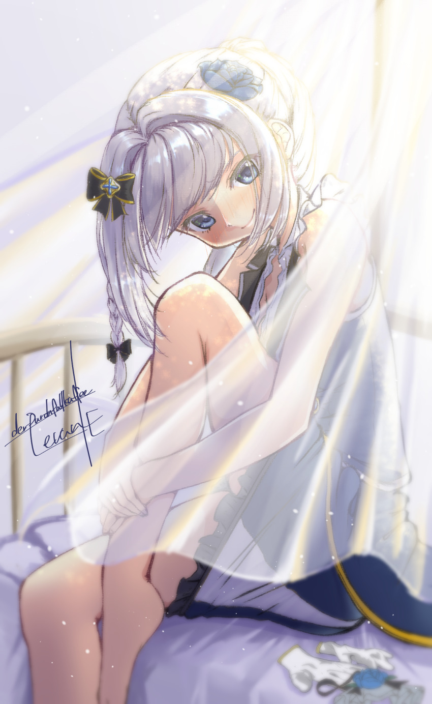 1girl barefoot bed_frame blue_eyes curtains durchfallkaffee_levante full_body highres long_hair looking_at_viewer magia_record:_mahou_shoujo_madoka_magica_gaiden magical_girl mahou_shoujo_madoka_magica mattress on_bed shadow sitting solo white_hair yakumo_mitama