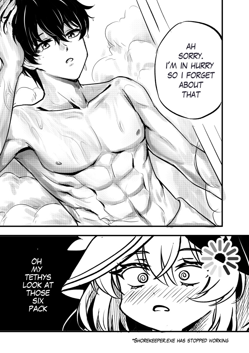 1boy 1girl @_@ absurdres after_bathing blush commentary english_commentary english_text female_pervert flareza greyscale hair_between_eyes hand_on_own_head highres loading_icon male_rover_(wuthering_waves) monochrome muscular muscular_male parted_lips pervert rover_(wuthering_waves) shorekeeper_(wuthering_waves) wuthering_waves