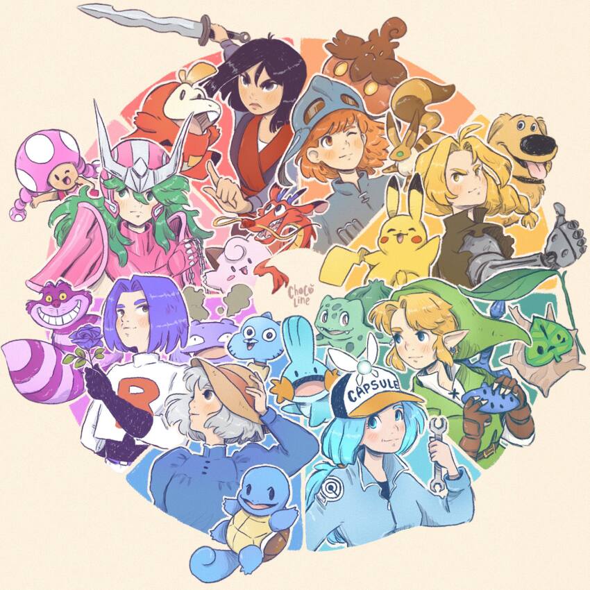 4boys 6+girls alice&#039;s_adventures_in_wonderland andromeda_shun aqua_eyes aqua_hair aqua_jacket armor artist_name black_gloves black_hair black_shirt blonde_hair blue_dress blue_eyes blush braid braided_ponytail brown_eyes brown_gloves brown_hair bulbasaur bulma bulma_(future) cheshire_cat_(alice_in_wonderland) clefairy color_wheel_challenge dog dragon_ball dragonball_z dress dug_(up) edward_elric fa_mulan_(disney) fingerless_gloves flower fuecoco fullmetal_alchemist gen_1_pokemon gen_3_pokemon gen_6_pokemon gloves green_eyes green_hair grey_eyes grey_hair gumball_watterson helmet highres holding holding_sword holding_weapon howl_no_ugoku_shiro instrument jacket james_(pokemon) juliet_sleeves kaze_no_tani_no_nausicaa koffing korok la_chocoline link long_hair long_sleeves makar mario_(series) matching_hair/eyes mechanical_arms mudkip mulan_(movie) multiple_boys multiple_drawing_challenge multiple_girls mushu_(disney) nausicaa navi nintendo ocarina outline pikachu pokemon pokemon_(creature) print_shirt profile puffy_sleeves pumpkaboo purple_flower purple_hair purple_rose rainbow_order rose saint_seiya shirt short_hair single_mechanical_arm smile sophie_hatter squirtle sword teto_(nausicaa) the_amazing_world_of_gumball the_legend_of_zelda the_legend_of_zelda:_ocarina_of_time thumbs_up toadette up_(disney) weapon white_outline wrench zipper zipper_pull_tab