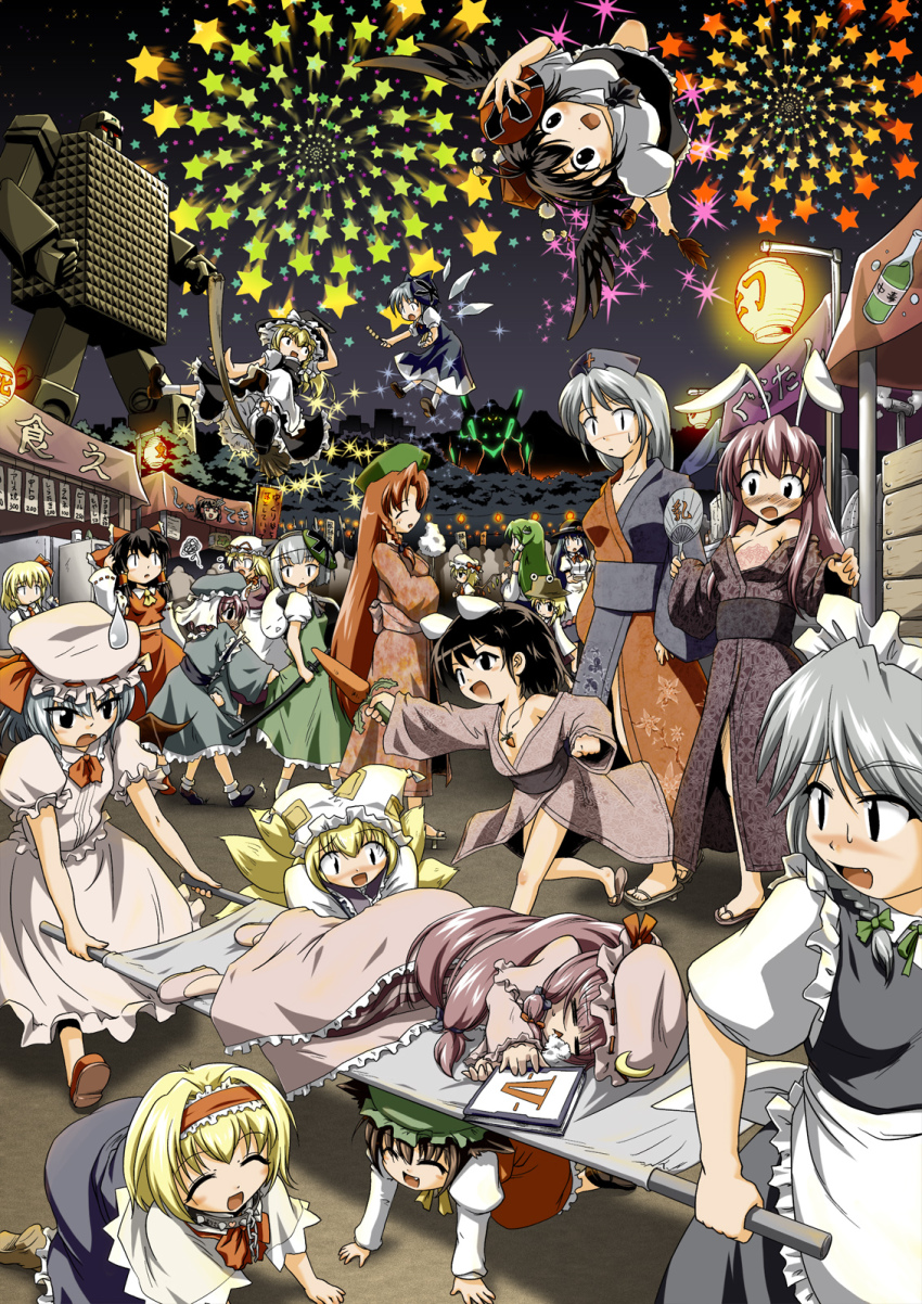 00s 1980s_(style) 6+girls :&lt; alice_margatroid animal_ears assisted_carrying bat_wings black_hair black_wings blonde_hair blue_hair blush book bra bra_slip braid broom brown_hair carrot carrying cat_ears cat_tail chen cirno closed_eyes collar dango danmaku detached_sleeves eva_01 everyone fang flandre_scarlet foam foaming_at_the_mouth food fox_tail futatsuki_hisame gold_lightan green_hair hair_ribbon hairband hakurei_reimu hat highres hinanawi_tenshi hong_meiling inaba_tewi izayoi_sakuya japanese_clothes jewelry katana kimono kirisame_marisa kneeling kochiya_sanae konpaku_youmu lingerie long_hair maid_headdress mask mecha miko moriya_suwako multiple_girls multiple_tails neon_genesis_evangelion oldschool ougon_senshi_gold_lightan patchouli_knowledge pendant pink_bra pink_hair purple_hair rabbit_ears rebuild_of_evangelion red_hair reisen_udongein_inaba remilia_scarlet retro_artstyle ribbon robot rumia saigyouji_yuyuko saliva samurai_sentai_shinkenger shameimaru_aya short_hair silver_hair spiked_collar spikes super_sentai sweatdrop sword tail tokin_hat touhou underwear wagashi weapon wings witch witch_hat yagokoro_eirin yakumo_ran yakumo_yukari yukkuri_shiteitte_ne