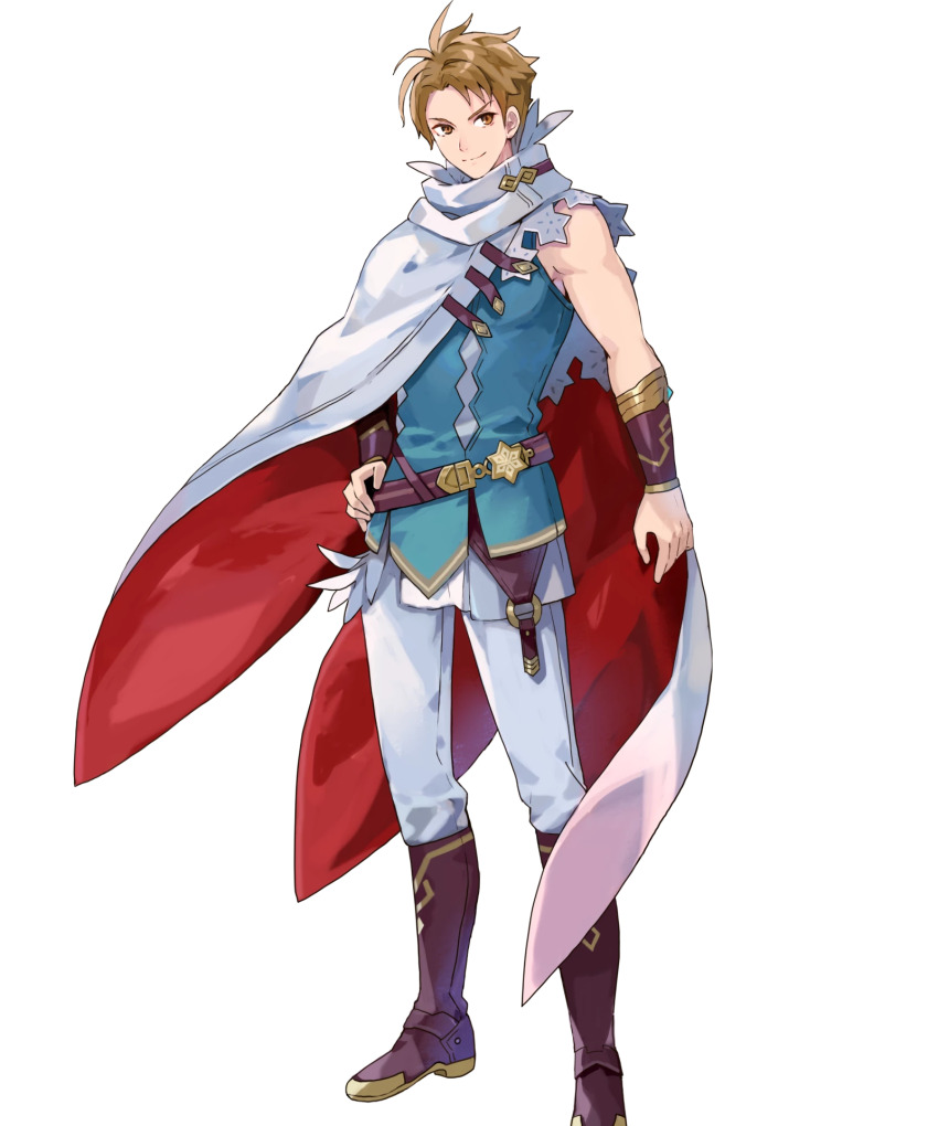 1boy belt blue_shirt boots brown_eyes brown_footwear brown_hair fire_emblem fire_emblem:_the_blazing_blade fire_emblem_heroes highres matthew_(fire_emblem) matthew_(resplendent)_(fire_emblem) nintendo o-ring official_alternate_costume official_art shirt simple_background sleeveless sleeveless_shirt third-party_source tobi_(kotetsu) two-tone_cape white_background wrist_guards