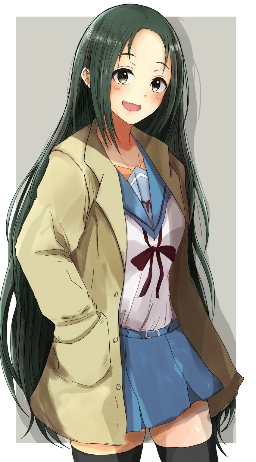 1girl :d absurdres belt black_thighhighs blue_sailor_collar blue_skirt blush border brown_coat brown_eyes buttons coat commentary cowboy_shot drop_shadow fang green_hair grey_background hand_in_pocket highres kita_high_school_uniform long_hair long_sleeves looking_at_viewer mebunryo_(mebunryo2) open_clothes open_coat open_mouth outside_border sailor_collar school_uniform shirt shirt_tucked_in simple_background skirt smile solo standing suzumiya_haruhi_no_yuuutsu teeth thighhighs tsuruya upper_teeth_only very_long_hair white_border white_shirt