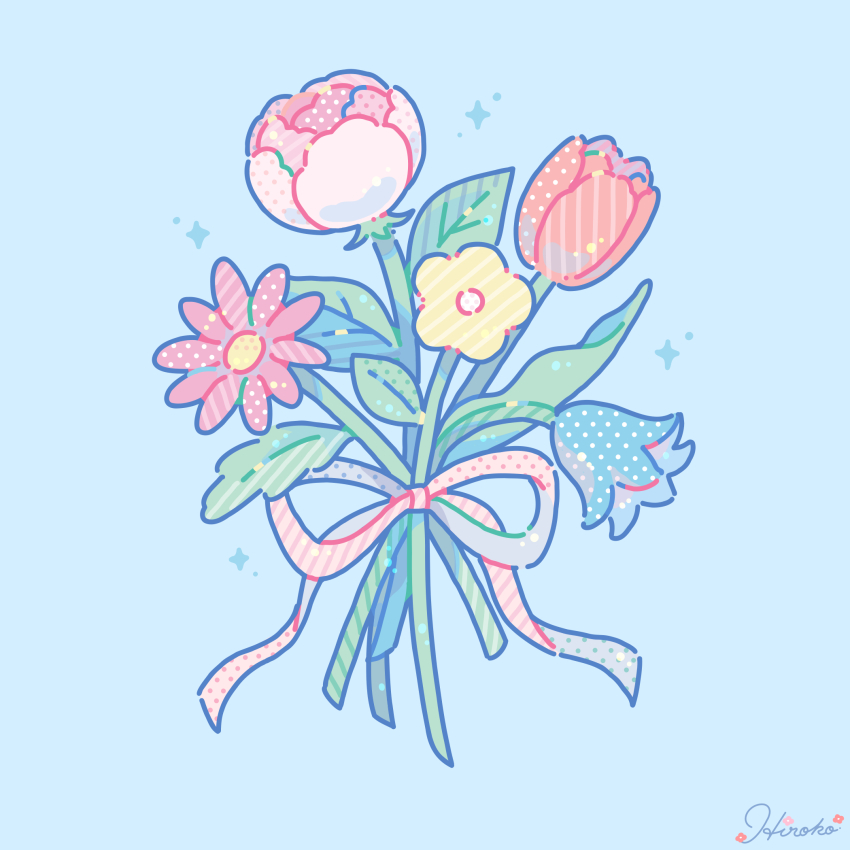 artist_name blue_background blue_flower bow flower flower_focus highres hiro046k leaf no_humans original peony_(flower) pink_bow pink_flower red_flower red_tulip screentones simple_background still_life tulip yellow_flower