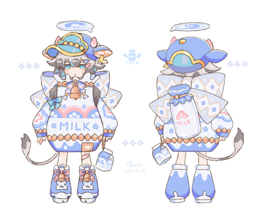 1girl bell blue_eyes blue_halo blue_hat blue_shoes blush_stickers bottle commentary_request cow_girl cow_horns cow_tail dated full_body grey_hair hair_ornament hairclip halo hat highres horns long_sleeves looking_at_viewer milk_bottle milk_carton multiple_views neck_bell original parted_lips romper shoes signature simple_background sorata123 standing tail white_background white_romper