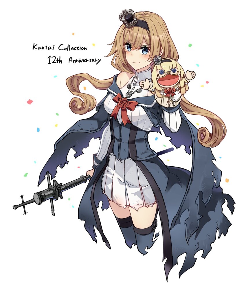 1girl anniversary blue_eyes blue_thighhighs blush bow breasts brown_hair closed_mouth commentary confetti copyright_name crown flower garter_straps hairband highres holding ido_(teketeke) jewelry kantai_collection long_hair long_sleeves looking_at_viewer medium_breasts mini_crown necklace puppet red_bow red_flower red_rose rose simple_background solo symbol-only_commentary thighhighs valiant_(kancolle) warspite_(kancolle) white_background