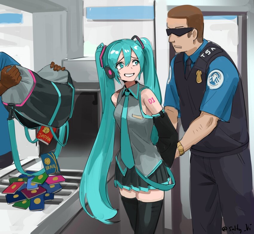 1girl 2boys airport aqua_eyes aqua_hair aqua_necktie aqua_trim arrest artist_name badge bag black_bag black_necktie black_skirt black_sleeves black_thighhighs black_vest blue_shirt bound bound_wrists breasts brown_hair collared_shirt conveyor_belt dark-skinned_male dark_skin detached_sleeves duffel_bag dumping_bag flustered grey_shirt grin hair_between_eyes hatsune_miku highres indoors long_hair long_sleeves metal_detector miniskirt multiple_boys necktie nervous nervous_smile number_tattoo open_bag parted_lips passport pleated_skirt restrained security_checkpoint security_guard shirt short_hair short_sleeves shoulder_tattoo skirt sleeveless sleeveless_shirt small_breasts smile standing sunglasses tattoo thighhighs too_many transportation_security_administration twintails twitter_username united_states very_long_hair vest violet_sears vocaloid worldwide_miku worried x-ray_machine zettai_ryouiki