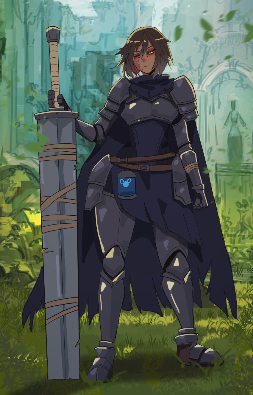 1girl absurdres aged_down alexandra_athana_(basedbinkie) armor basedbinkie black_cape breastplate brown_eyes brown_hair cape chipped_sword commentary english_commentary expressionless full_body gauntlets gradient_hair grass greatsword highres holding holding_sword holding_weapon leaf looking_at_viewer multicolored_hair original outdoors planted planted_sword planted_weapon plate_armor scar scar_across_eye scar_on_face short_hair shoulder_armor solo sword torn_cape torn_clothes weapon