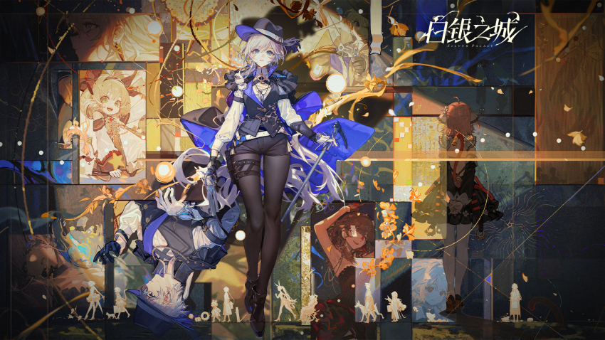 1boy 2girls alf_(silver_palace) ankle_boots arms_behind_back asymmetrical_dual_wielding asymmetrical_gloves belt black_boots black_dress black_gloves black_hat black_pantyhose black_shoes black_shorts black_vest blue_eyes boots cable cable_tail cape copyright_notice detective_(silver_palace) dress drill_hair drill_sidelocks dual_wielding facing_away fedora female_detective_(silver_palace) flower gloves gun hat high_collar highres holding holding_gun holding_pocket_watch holding_sword holding_weapon holster logo long_hair long_sleeves looking_at_viewer male_detective_(silver_palace) mechanical_tail mismatched_gloves multiple_girls official_art own_hands_together pantyhose parted_lips pink_hair pocket_watch portrait_(object) purple_cape red_pupils shadow shirt shoes short_hair short_shorts shorts sidelocks silver_palace solo_focus spotlight sword tail thigh_holster upside-down very_long_hair vest vignetting watch weapon white_belt white_gloves white_hair white_pantyhose white_shirt yellow_flower