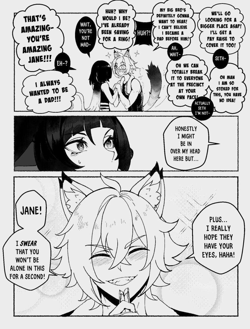 1boy 1girl animal_ears black_hair blunt_bangs cat_boy cat_ears comic commentary couple english_commentary english_text greyscale grin hetero highres jane_doe_(zenless_zone_zero) long_hair monochrome mouse_ears mouse_girl nyantcha seth_lowell short_hair smile speech_bubble zenless_zone_zero