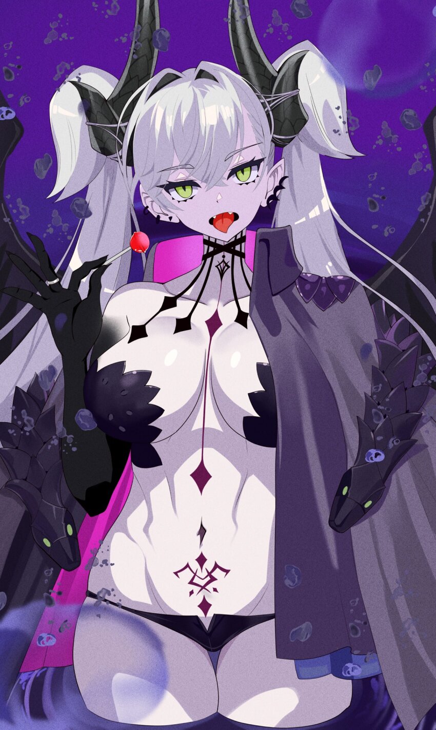 1girl black_cloak black_hands black_panties body_markings breasts candy choker cleavage cloak colored_extremities crossed_bangs demon_girl demon_horns demon_wings ear_piercing fate/grand_order fate_(series) food gradient_skin green_eyes grey_hair hair_between_eyes highres horns jewelry large_breasts lilith_(fate) lollipop long_hair looking_at_viewer navel open_mouth panties piercing pointy_ears puti_tomato19 ring solo stomach_tattoo tattoo thighs tongue tongue_out twintails underwear very_long_hair wading water wings
