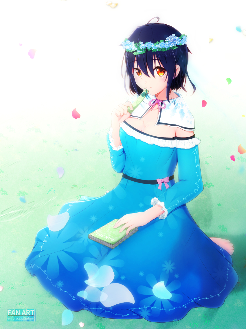 1girl 22/7 ahoge artist_name blue_dress blue_hair book brown_eyes closed_mouth dark_blue_hair dress falling_petals floral_print_dress flower_wreath frilled_dress frills furoggu-gaburi head_wreath highres holding holding_book long_sleeves looking_at_viewer on_grass petals short_hair sitting smile solo takigawa_miu